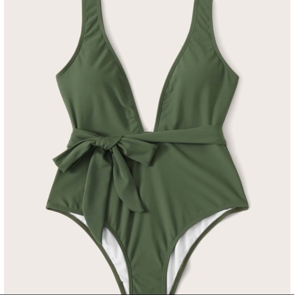 Olive Green Lined Plunging Neckline One Piece Swimsuit - Picture 3 of 12